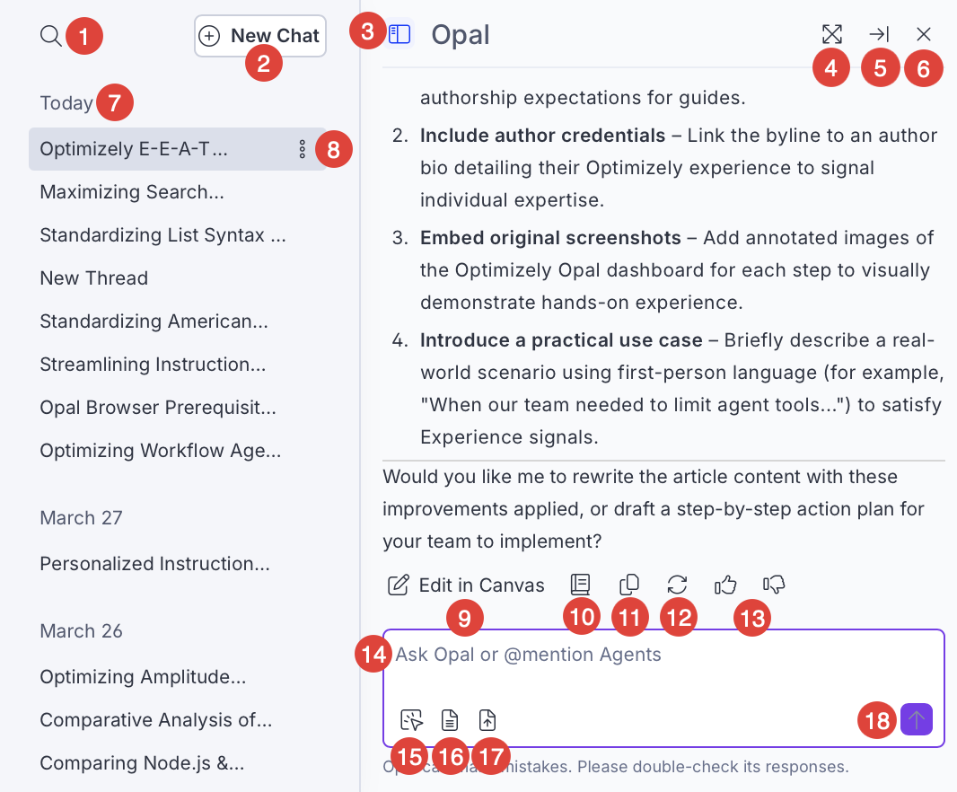 Screenshot of Opal Chat as it displays within an Optimizely product showing the panel layout with numbered callouts for each UI element