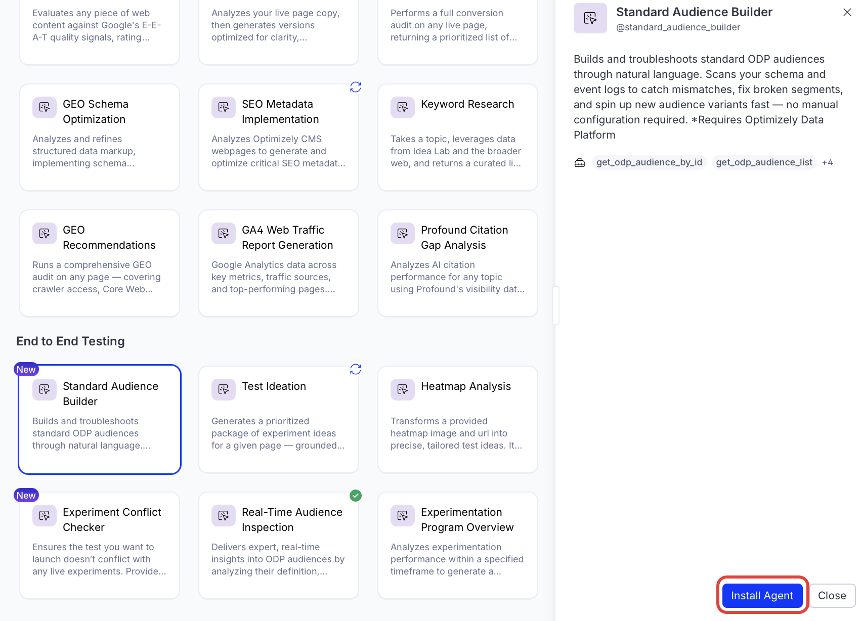 Screenshot of the Standard Audience Builder detail page where the Install Agent button is highlighted
