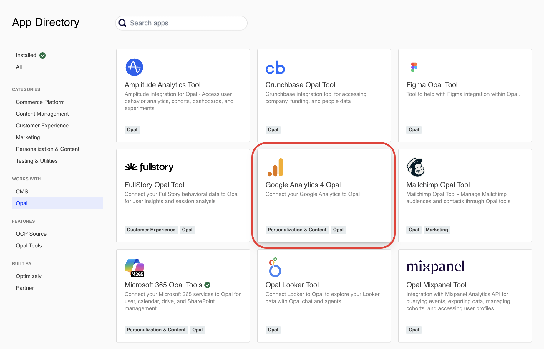 screenshot of OCP App Directory with the Google Analytics 4 Opal tile highlighted