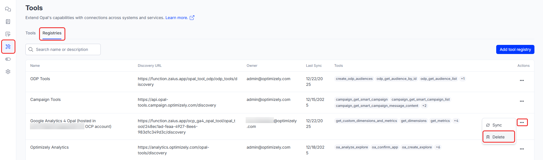 screenshot of Opal Tools Registries page with the GA4 entry's More menu expanded