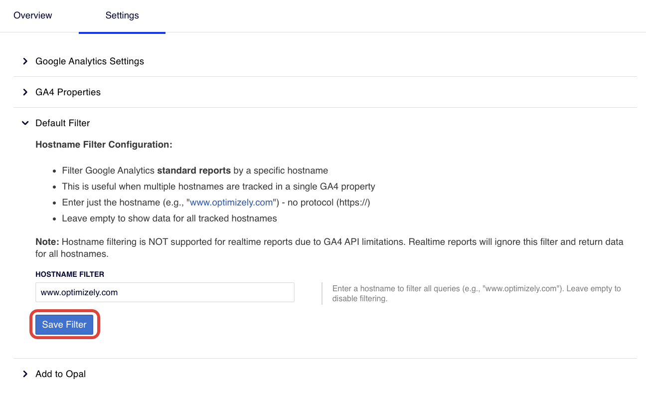 Screenshot of the Default filter section of the GA4 connector with the Save Filter button highlighted.