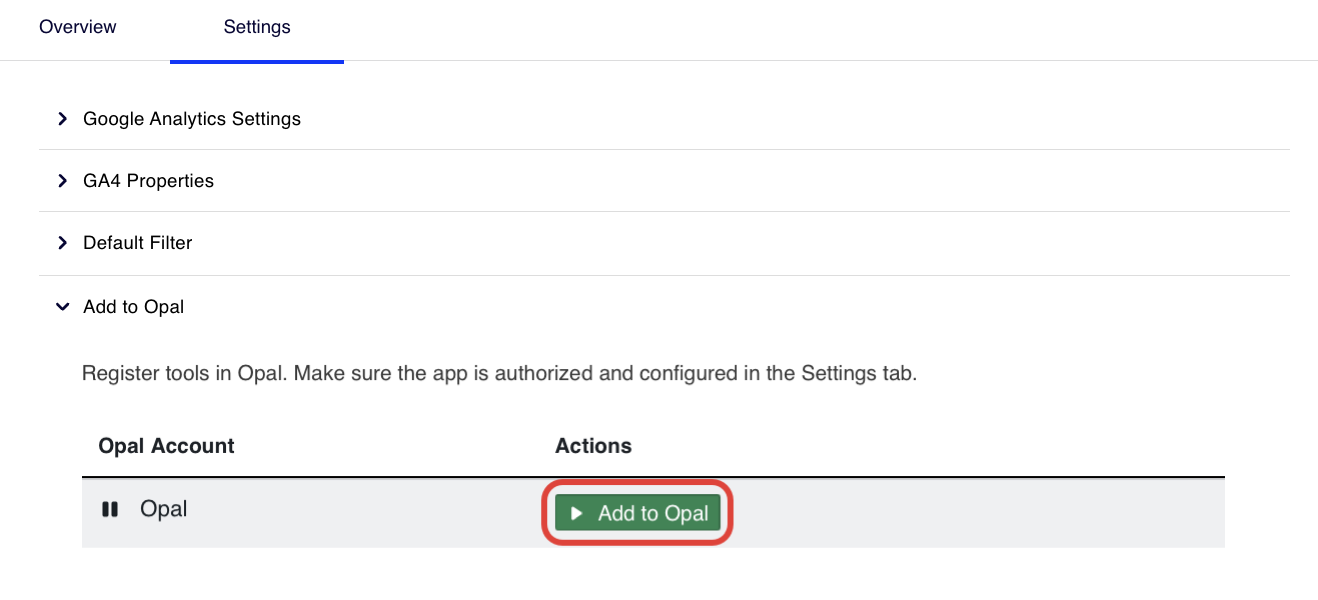 Screenshot of the GA4 connector tools with the Add to Opal section expanded with the Add to Opal button highlighted.