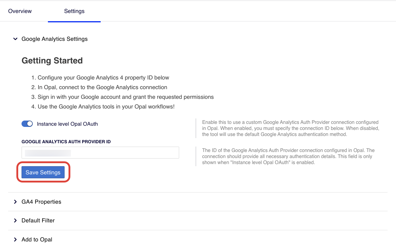 Screenshot of the Google Analytics tool in OCP with the Google Analytics Settings expanded with the Save Settings button highlighted.