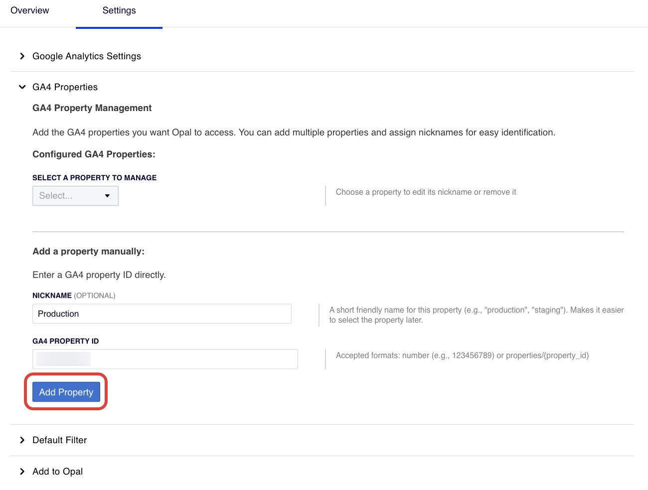 Screenshot of the GA4 Properties section with the Add Property button highlighted.