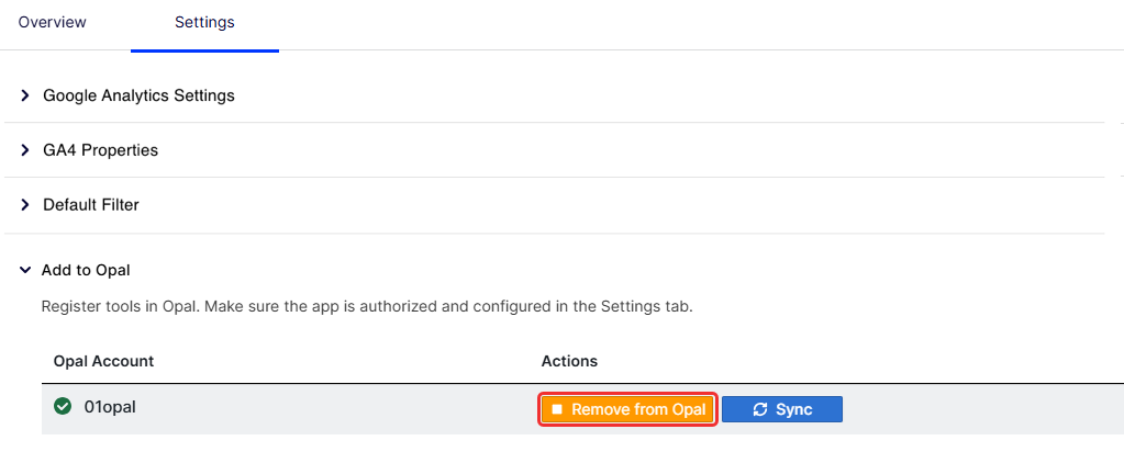Screenshot of the GA4 settings in OCP with the Remove from Opal highlighted.