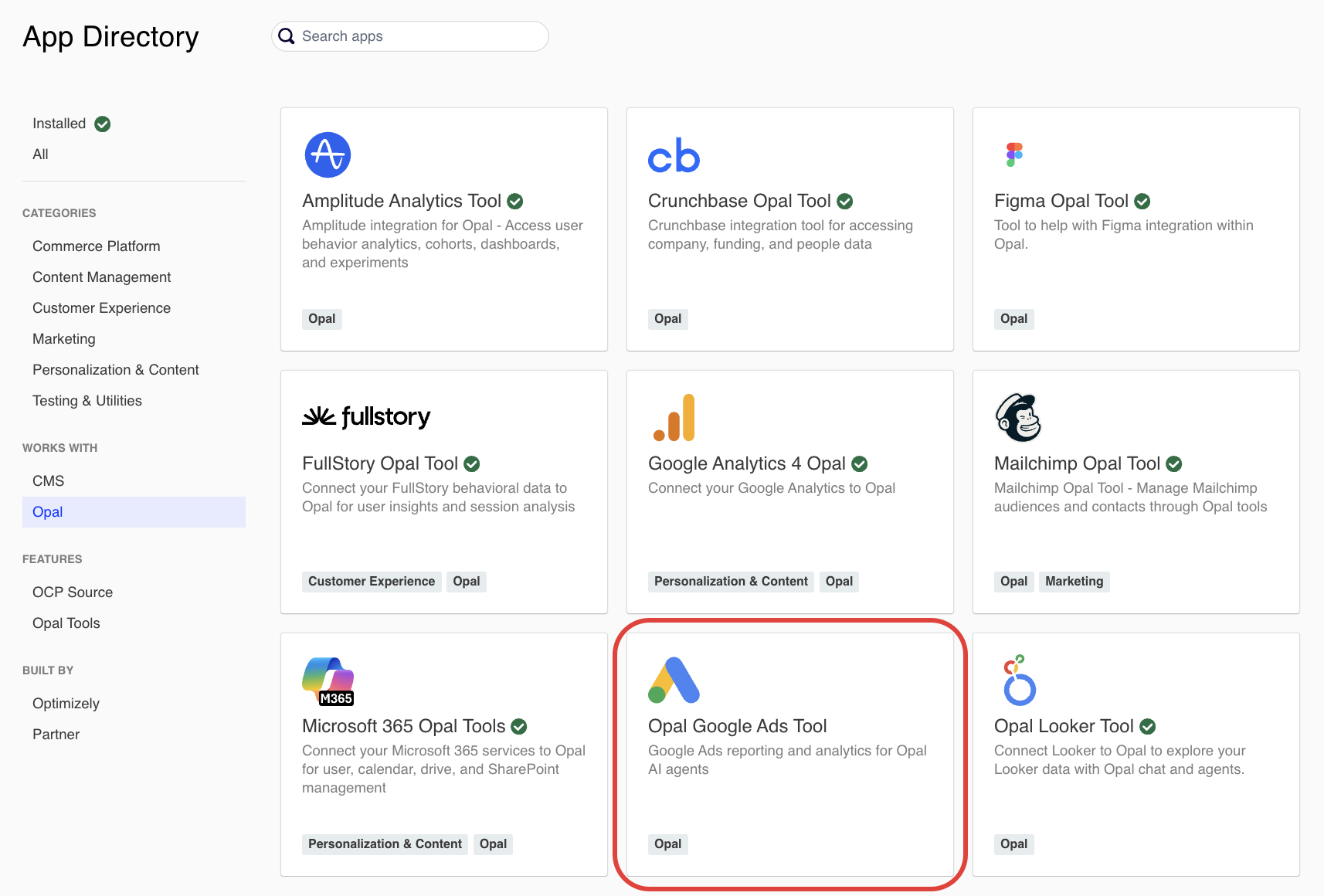 Screenshot of the OCP App Directory with the Opal Google Ads Tool tile highlighted.