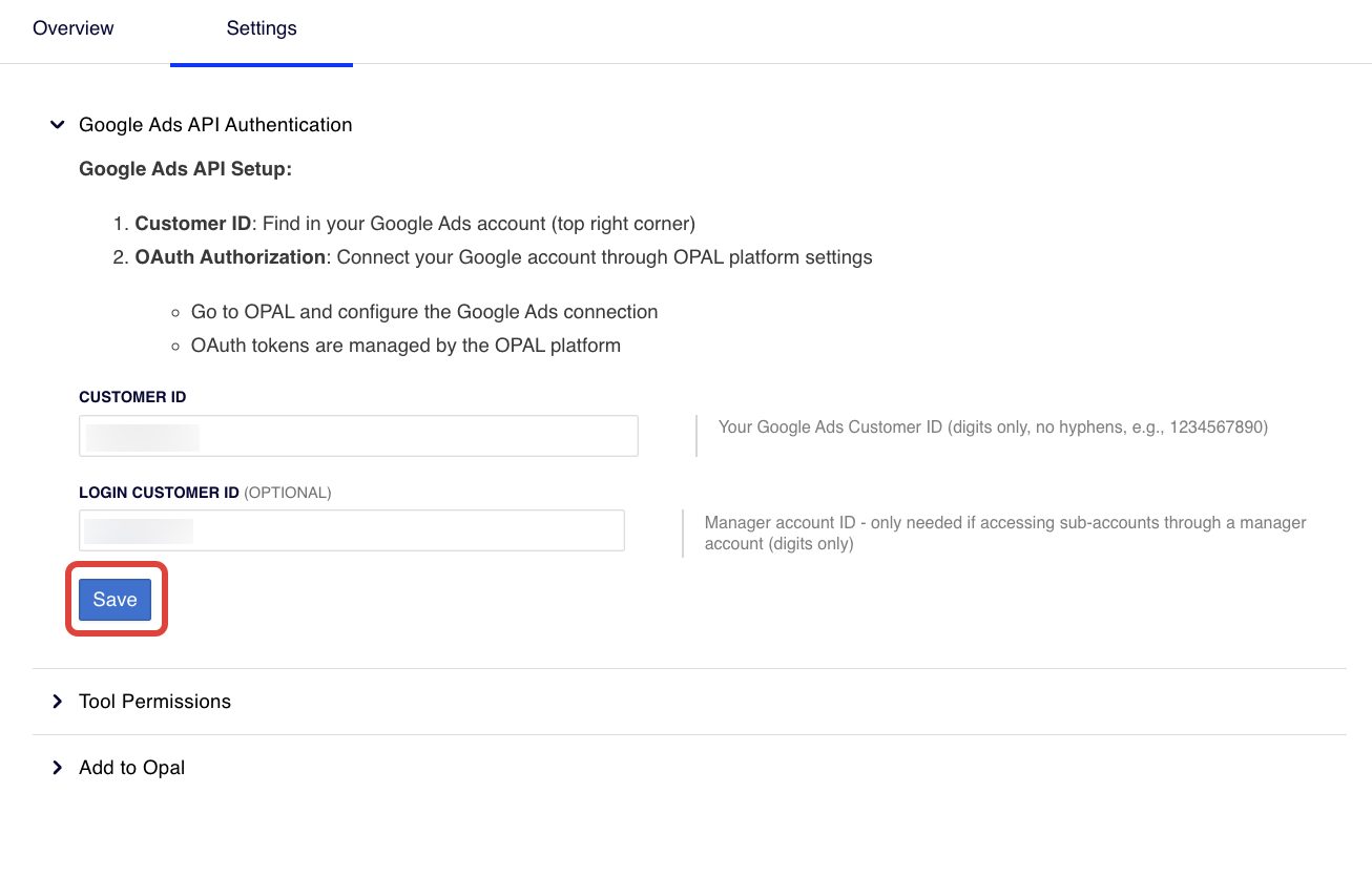 Screenshot of the Google Ads configuration in OCP with the Google ads API Authentication section expanded with the Save button highlighted.
