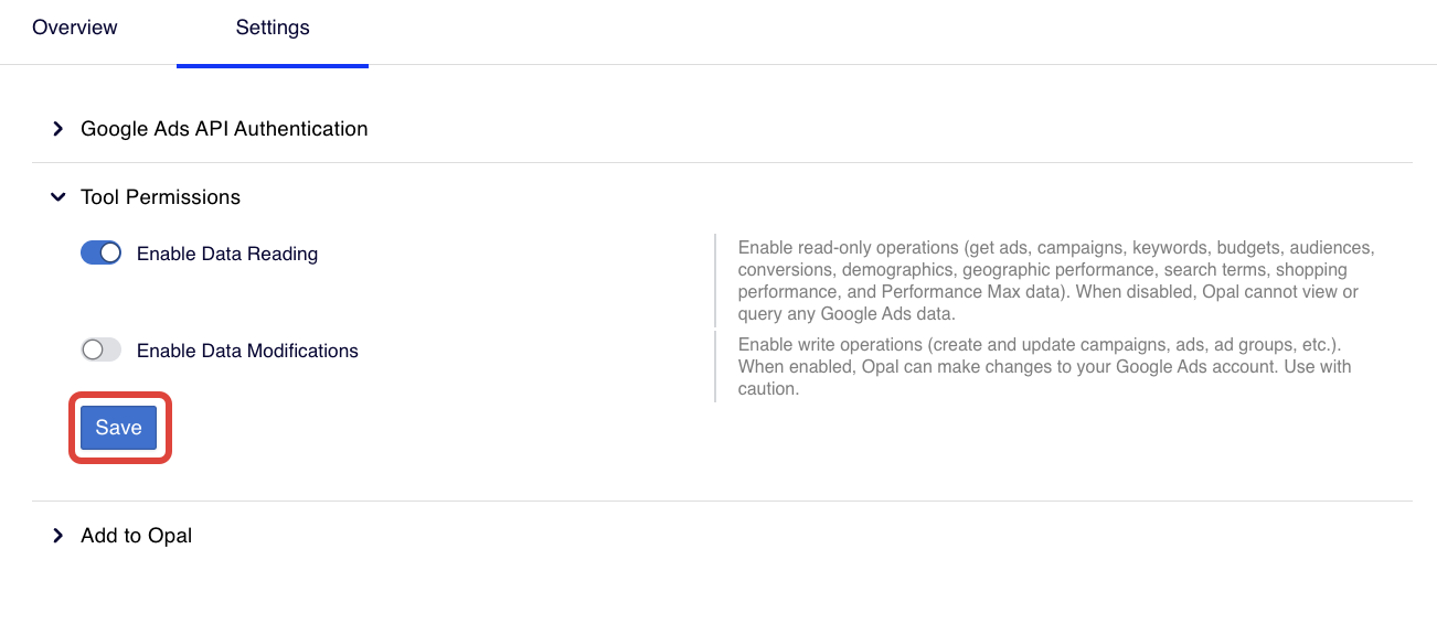 Google Ads OCP configuration with the Tools Permissions section expanded.