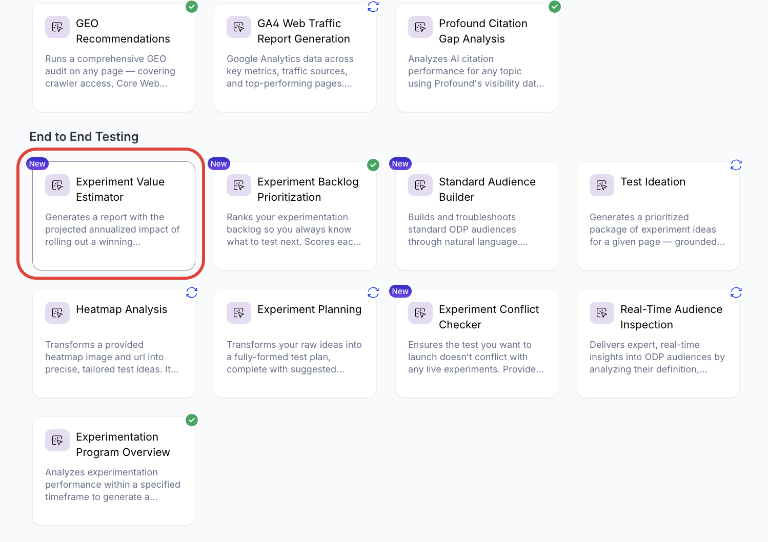 Screenshot of the Agent Directory with the Experiment Value Estimator highlighted.