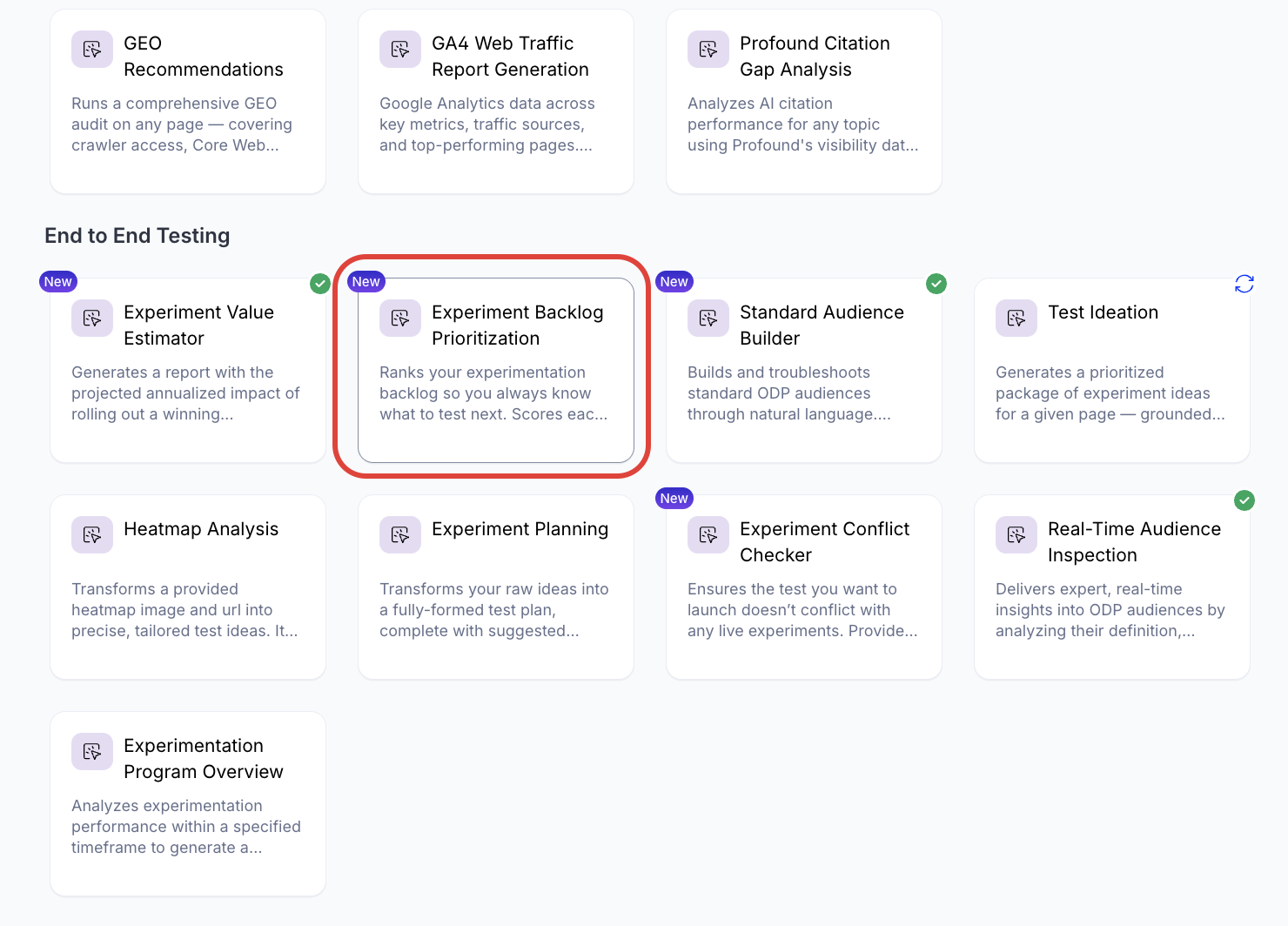 Screenshot of the Agent Directory with the Experiment Backlog Prioritization agent highlighted.