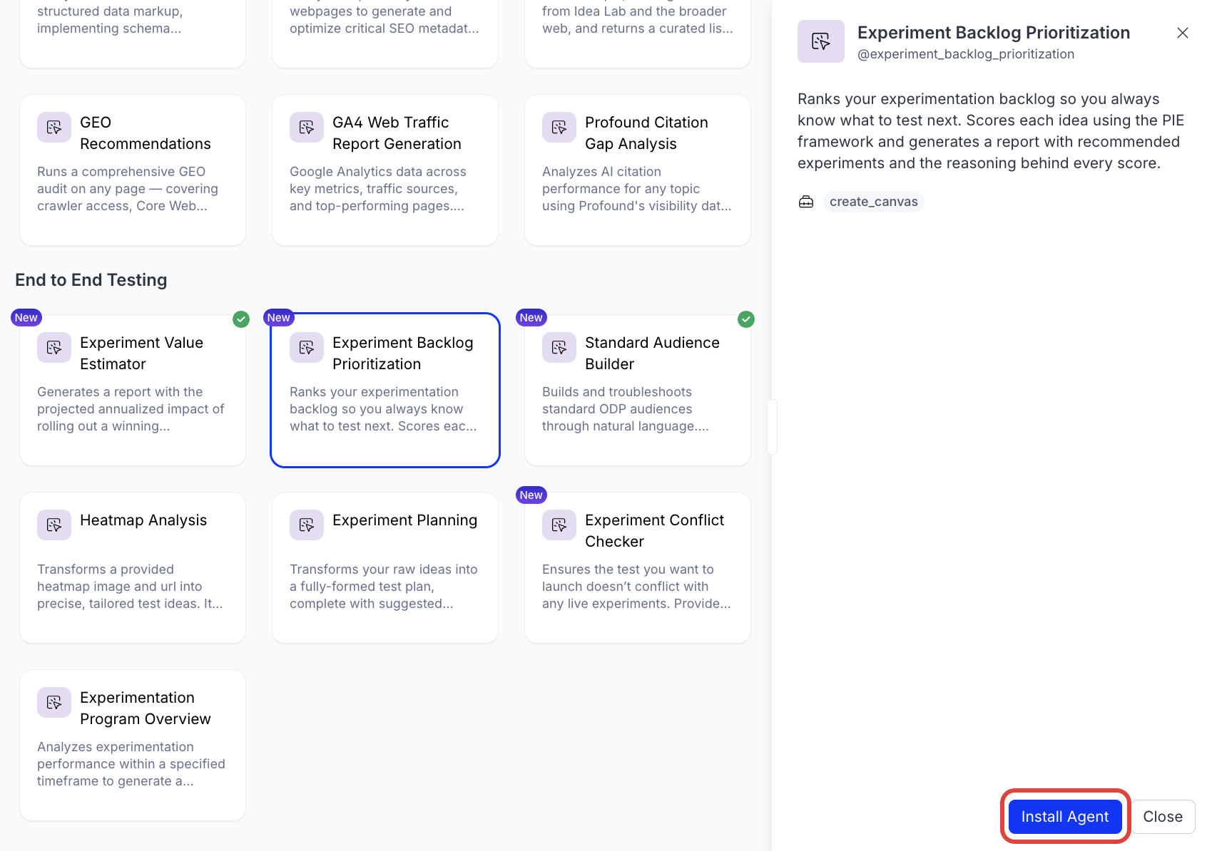Screenshot of the Agent Directory with the Experiment Backlog Prioritization agent selected with the install agent button highlighted.
