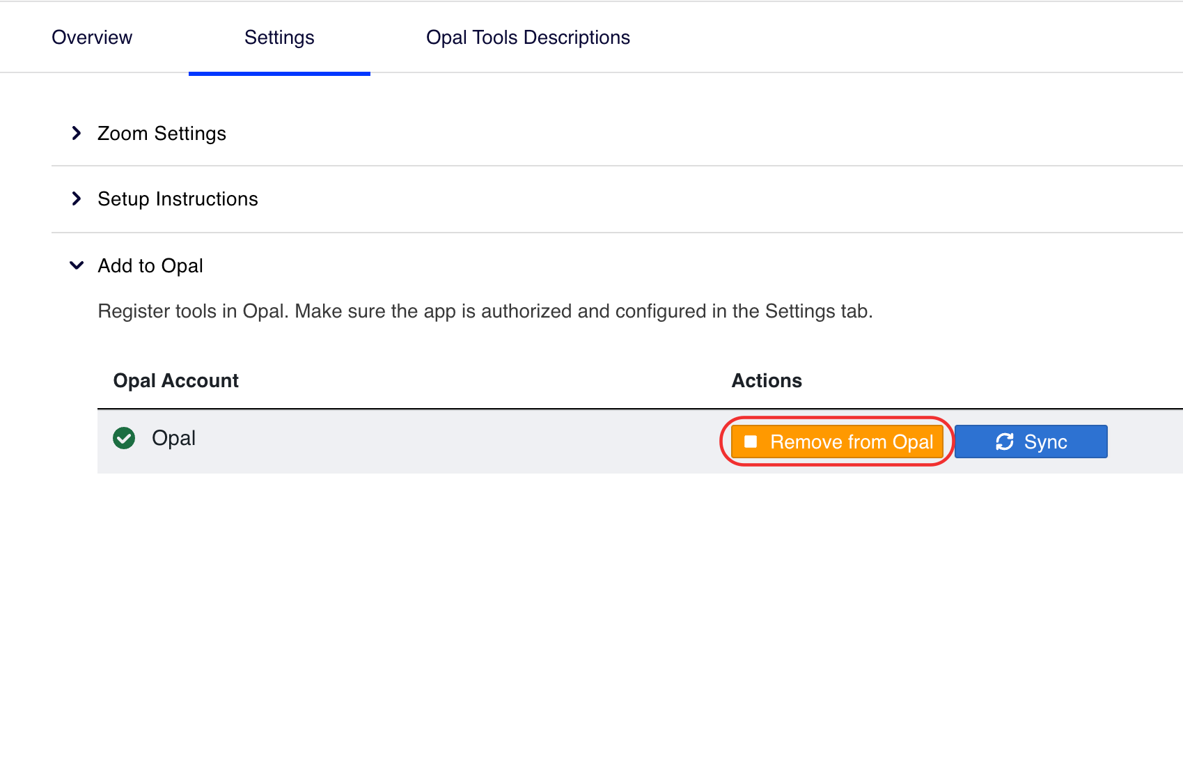 Screenshot of the Settings tab of the Zoom tools with Remove from Opal highlighted.