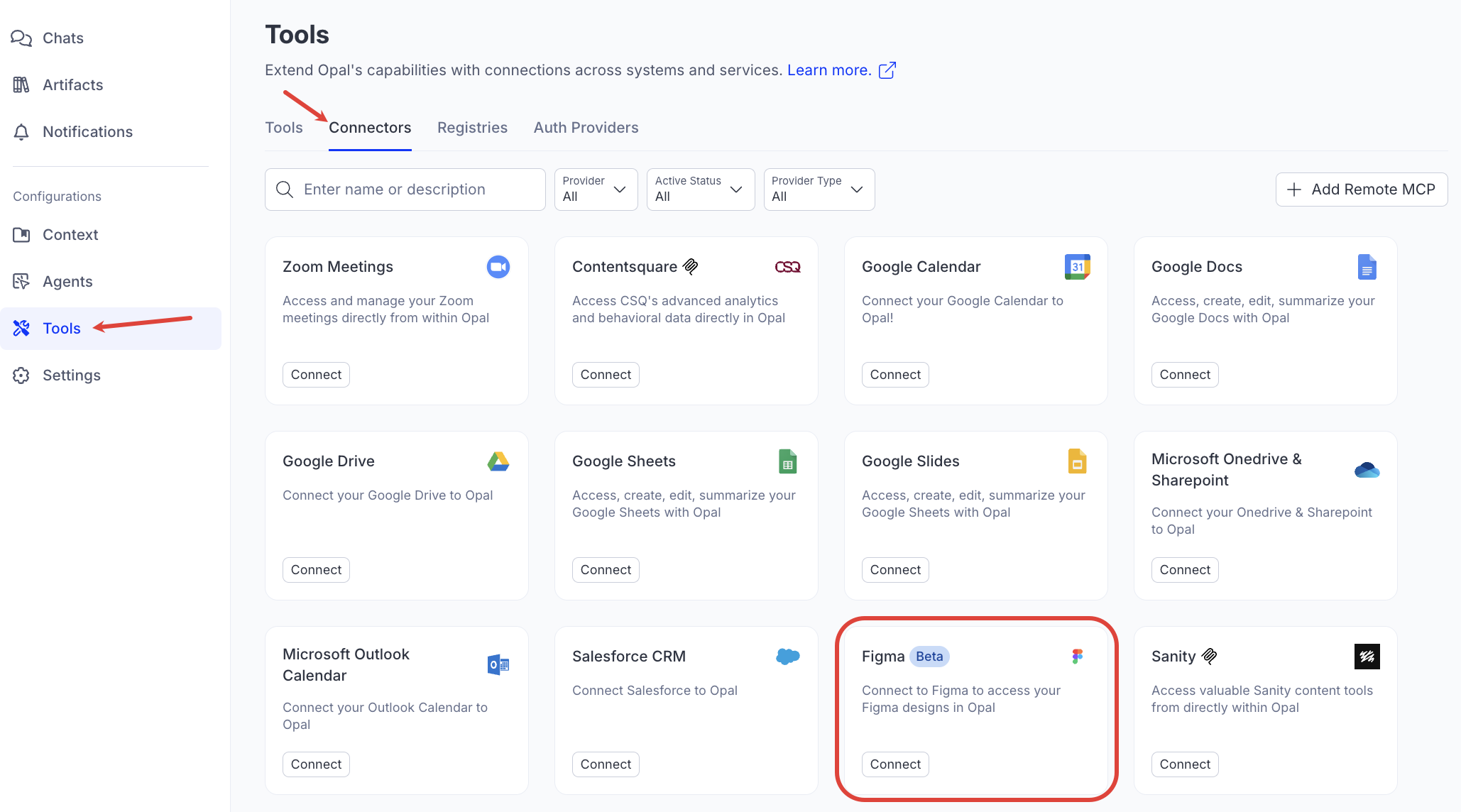 Screenshot of the Connects tab in the Tools with the Figma tile highlighted.