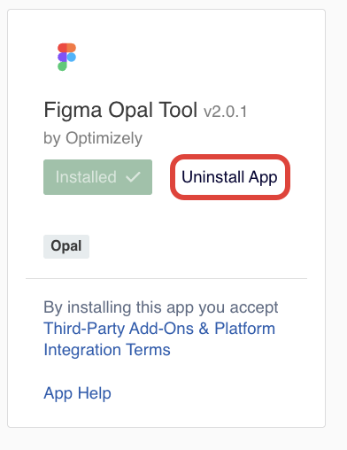 Screenshot of the Figma Opal Tool in the OCP App Directory with Uninstall app highlighted.