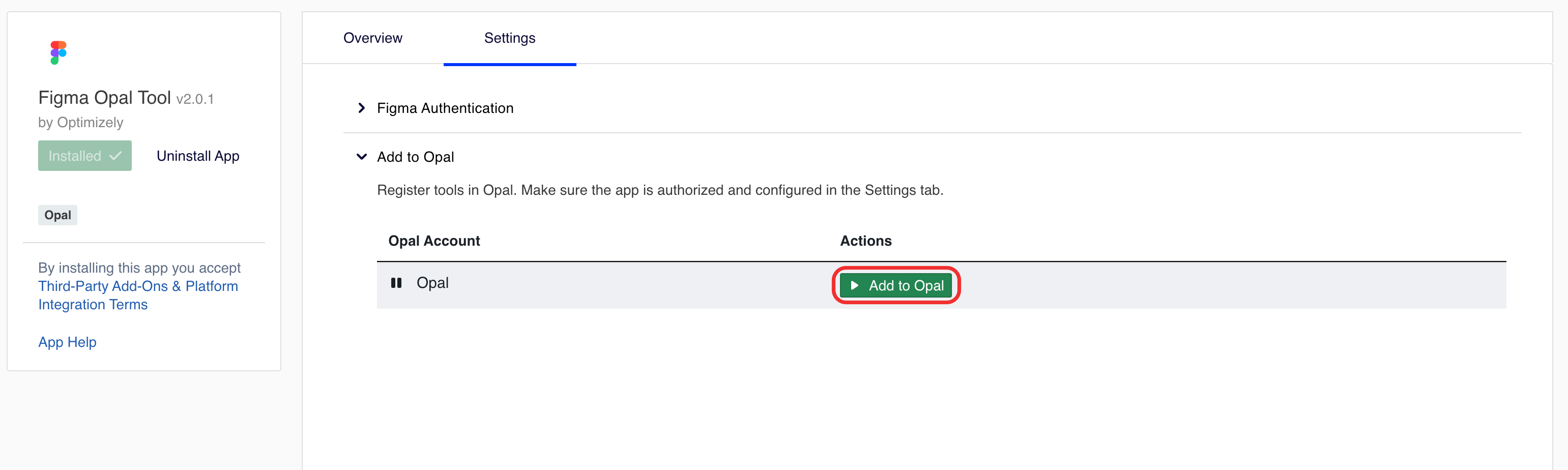 Screenshot of the Figmal Opal Tool installed with the Add to Opal button highlighted.