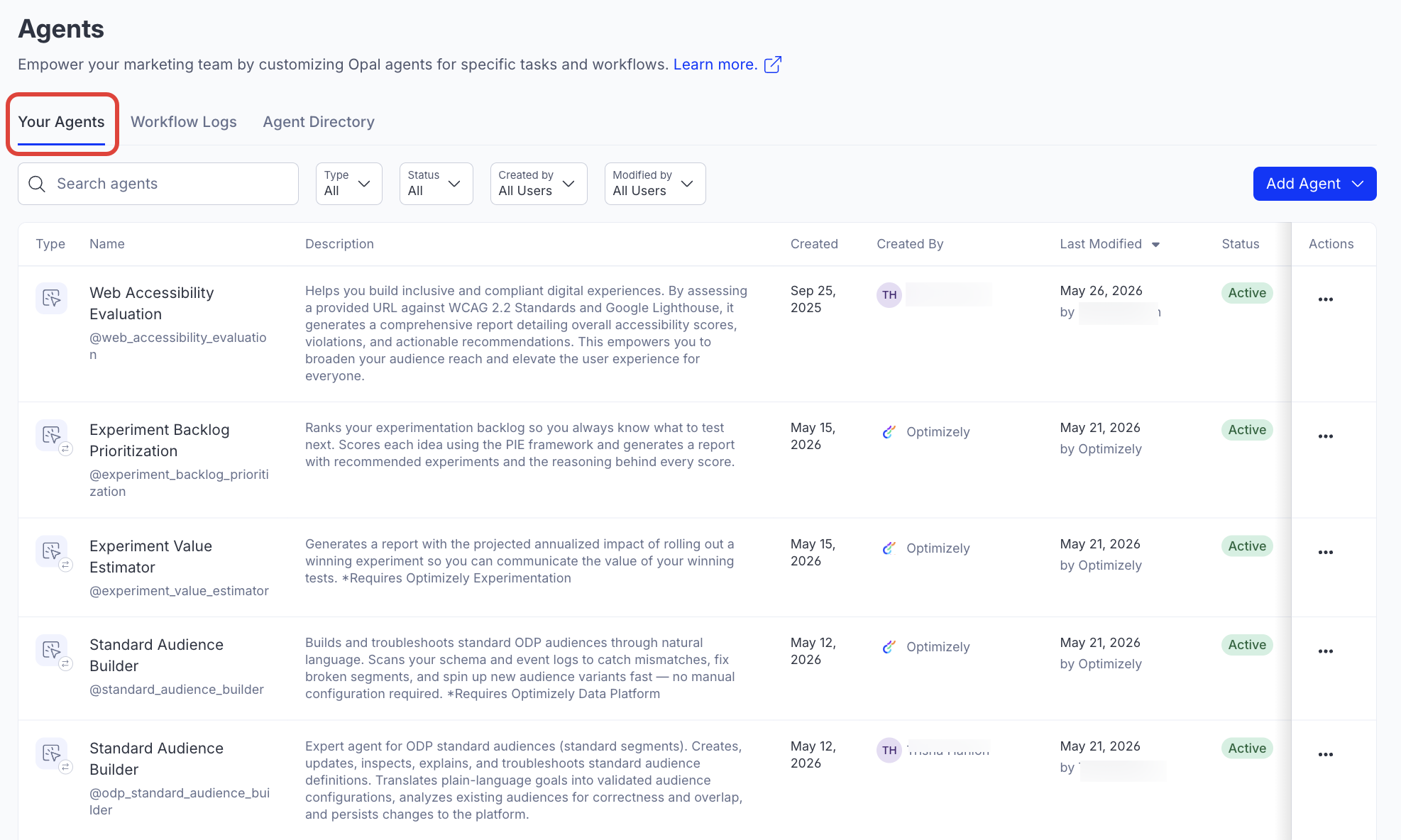 Screenshot of the Agents page in Opal where the Your Agents tab is selected