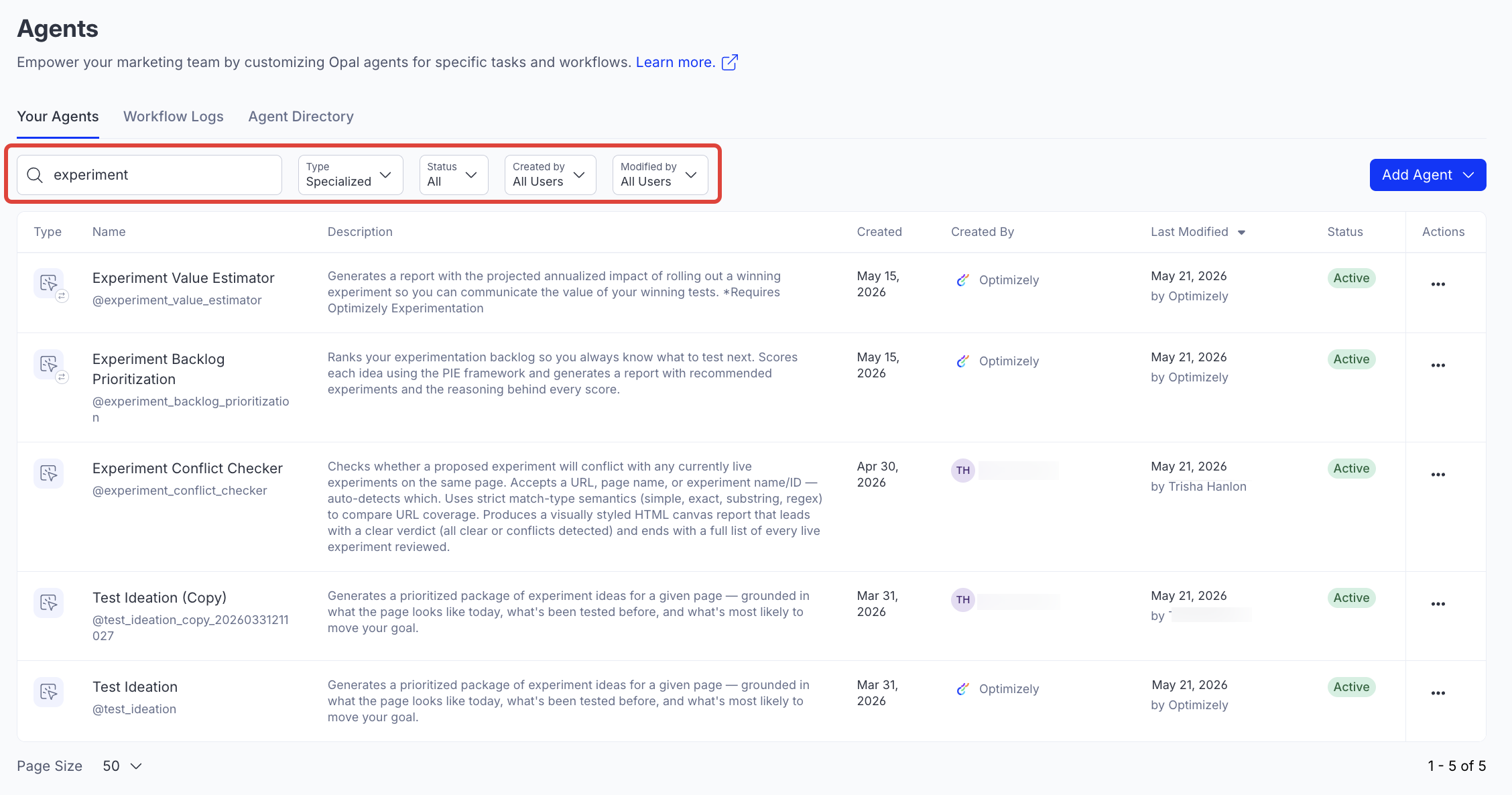 screenshot of the Your Agents tab showing the Search field, Type, Status, Created by, and Modified by filters above the agent list.