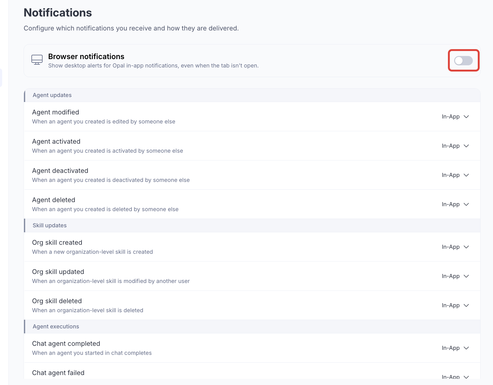 Screenshot of the Notifications settings with the Browser notifications toggle highlighted