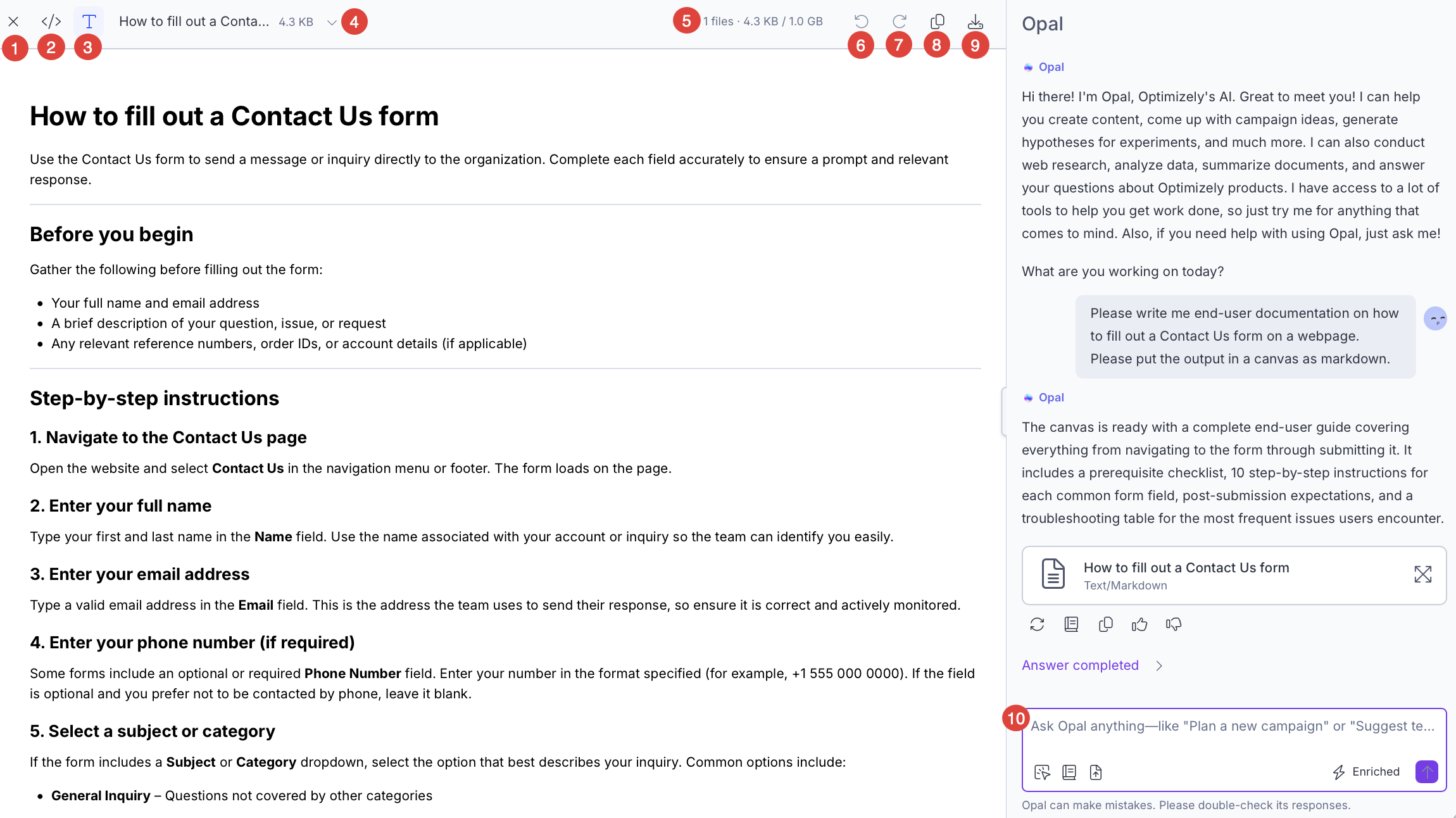 Screenshot of Opal showing a canvas open with the text/markdown MIME type and its UI controls labeled with numbered annotations.