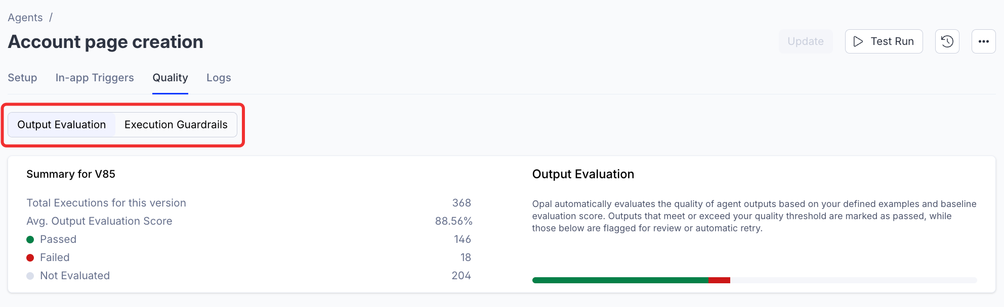 Screenshot of the Quality tab with the two sub-tabs, Output Evaluation and Execution Guardrails highlighted.