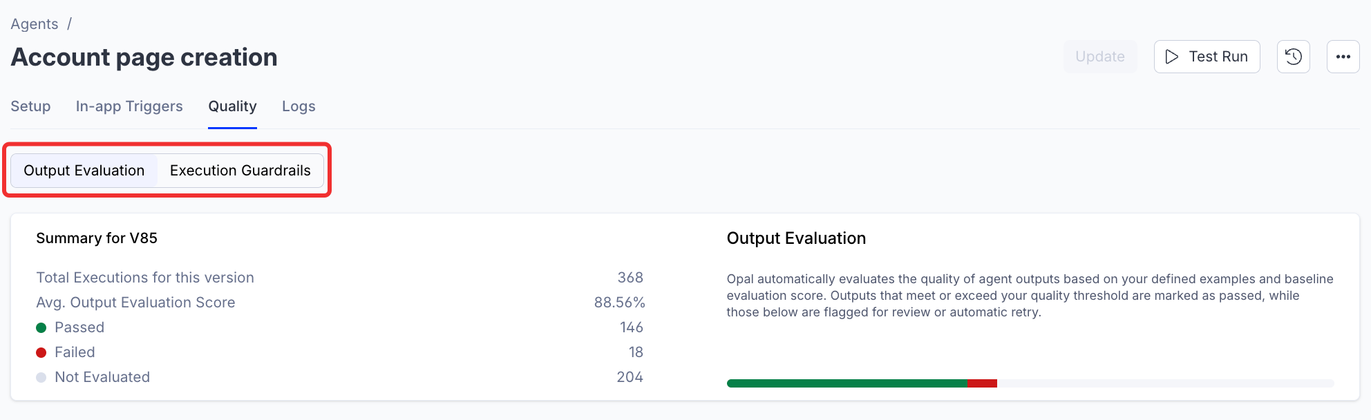 Screenshot of a specialized agent with the Output Evaluation and Execution Guardrail sub-tabs highlighted.