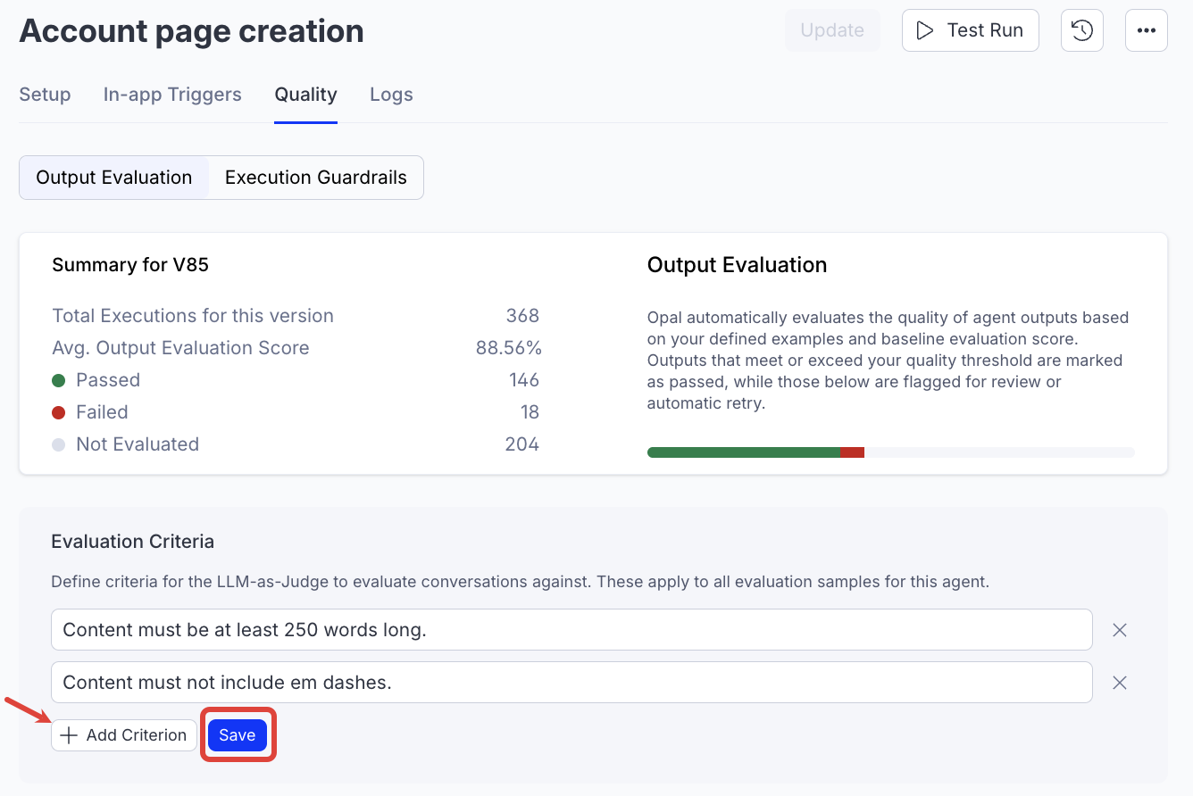 Screenshot of a specialized agent on the Quality tab with the Evaluation Criteria highlighted.