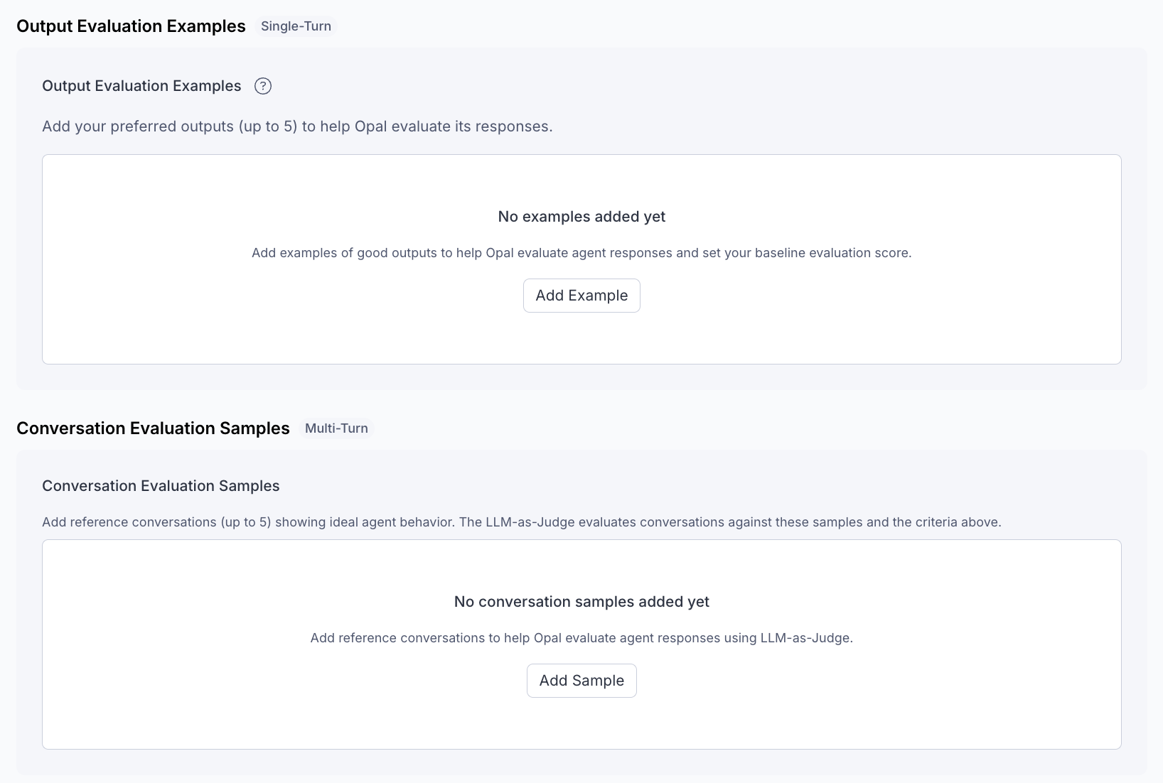 Screenshot of a specialized agent with the Output Evaluation Examples section highlighted