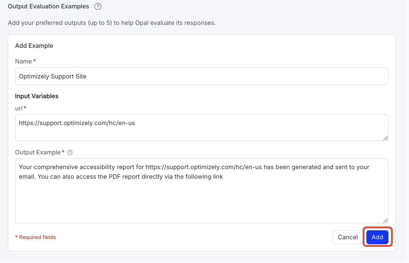 Screenshot of the Output Evaluation Examples showing how to add an example.