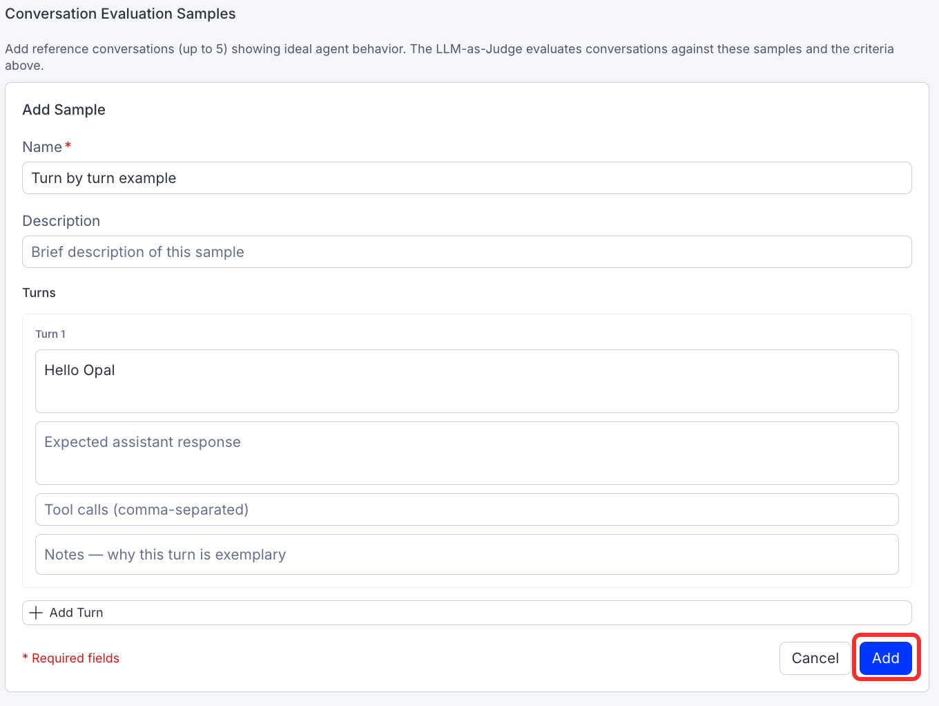 Screenshot of Conversation Evaluation Samples with one example filled out and the add button highlighted
