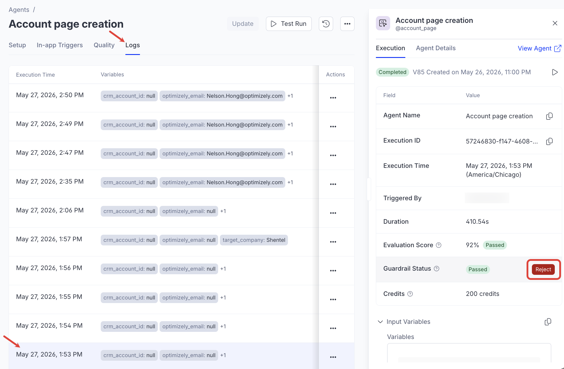 Screenshot of the Logs tab of a specialized agent with a run selected and the Reject button highlighted.