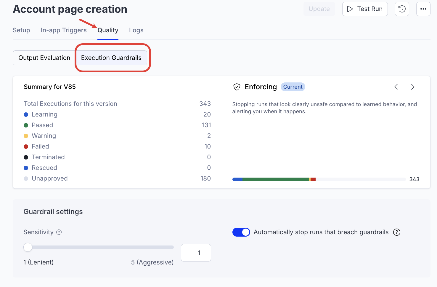 Screenshot of the Quality tab with the Execution Guardrails sub-tab highlighted.