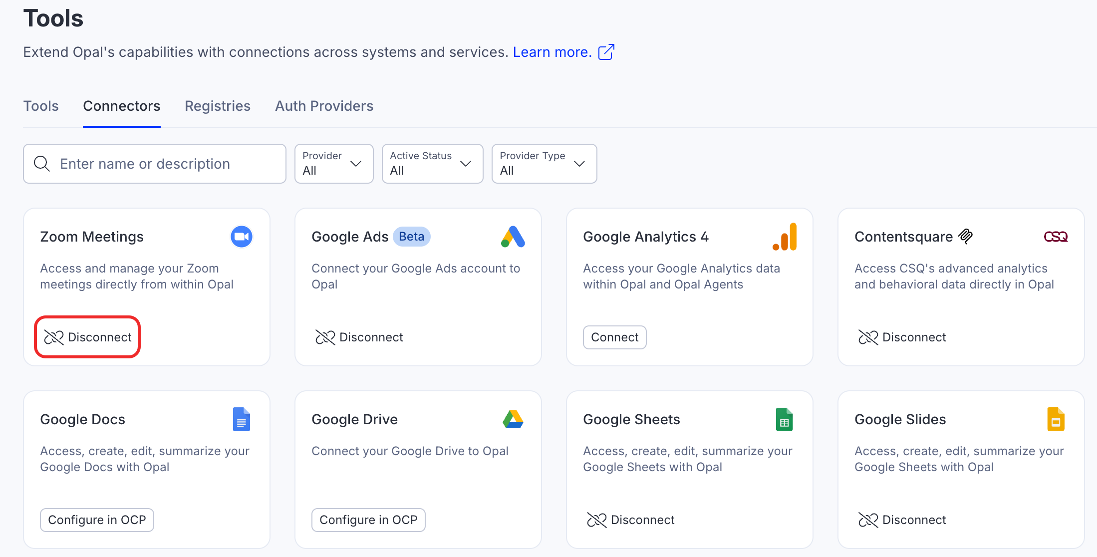Screenshot of the Tools page with the Disconnect button for the Zoom Meetings tile highlighted.