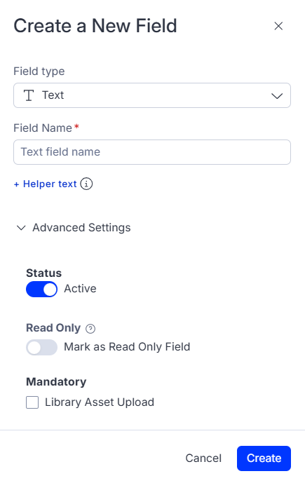 Advanced Settings panel for field creation