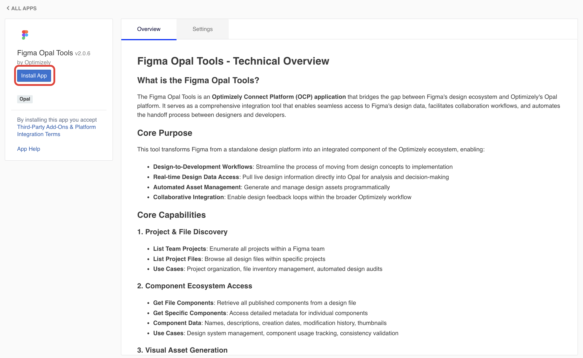 Screenshot of the Figma Opal Tools in OCP with Install app highlighted.