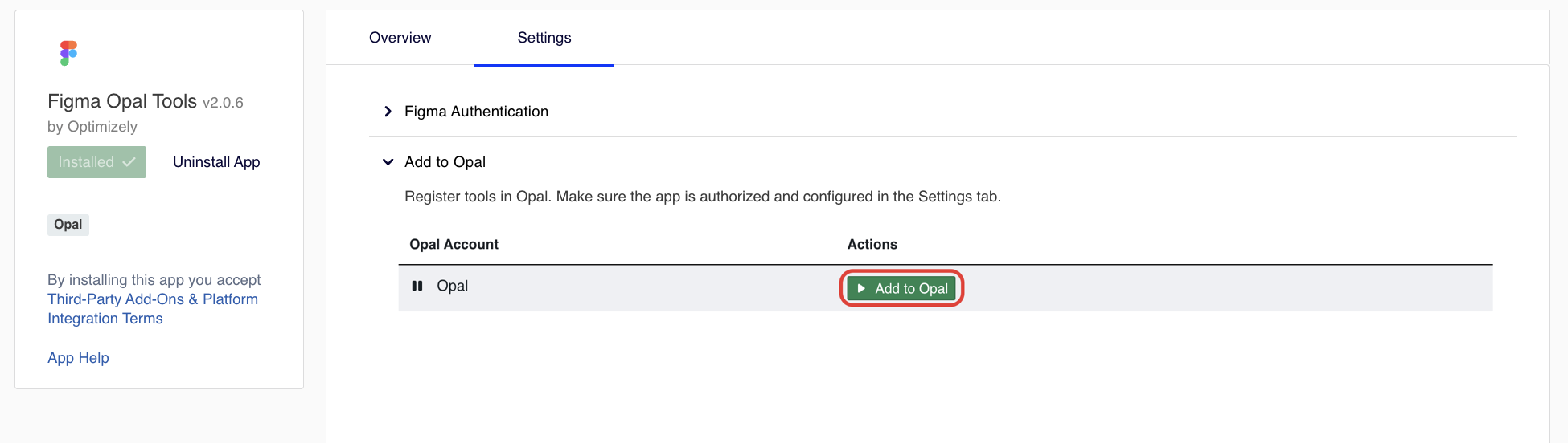 Screenshot of the Figmal Opal Tool installed with the Add to Opal button highlighted.