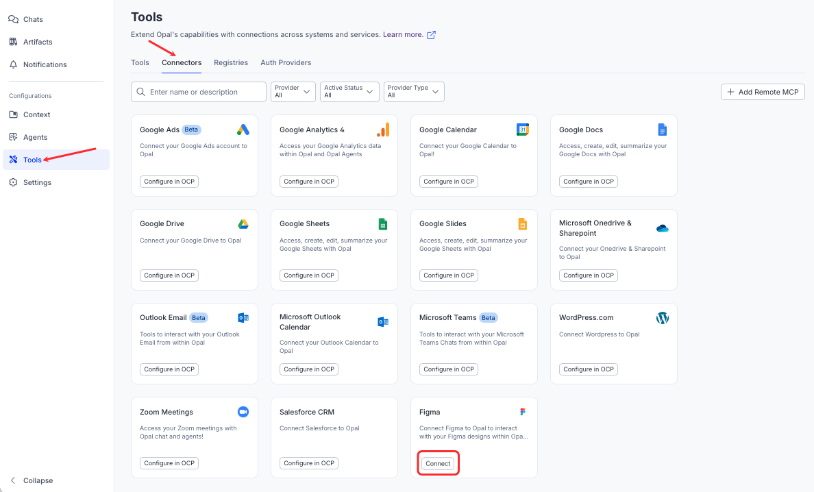 Screenshot of the Connects tab in the Tools with the Figma tile highlighted.