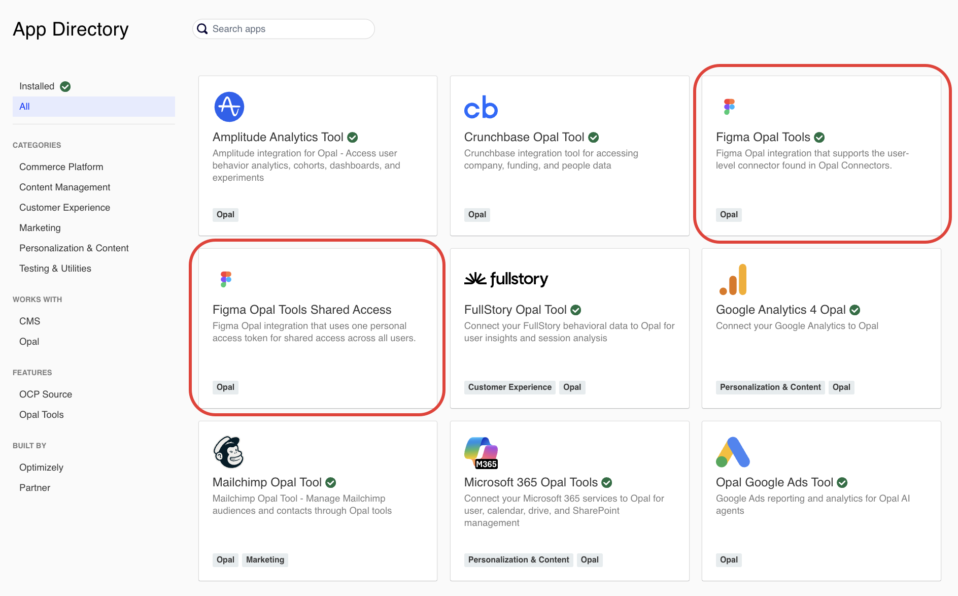 Screenshot of the OCP App Directory with the Figma Opal Tools and Figma Opal Tools Shared Access apps highlighted.