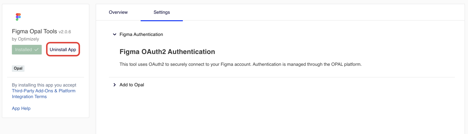 Screenshot of the Figma Opal Tools in the OCP App Directory with Uninstall app highlighted.