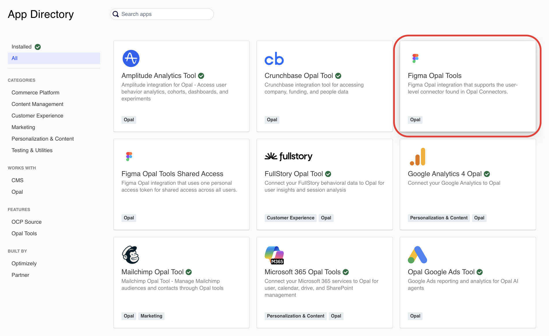 Screenshot of the OCP App Directory with the Figma Opal Tool highlighted.