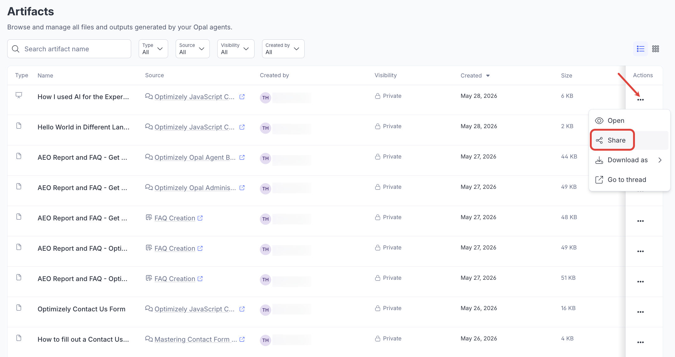 Screenshot of the Artifacts page with the more menu open and Share highlighted.