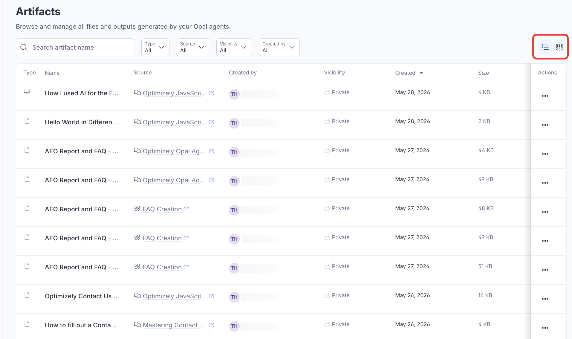 Screenshot of the Artifacts page with the list and grid view options highlighted.