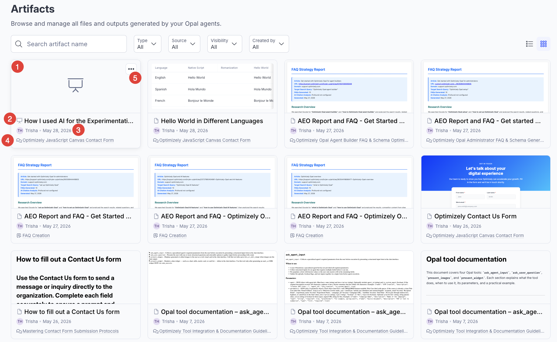 Screenshot of the Artifacts page in grid view where artifacts display as cards with preview thumbnails, type badges, and file names.
