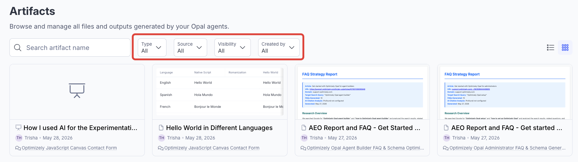 Screenshot of the Artifacts page with the filters highlighted.