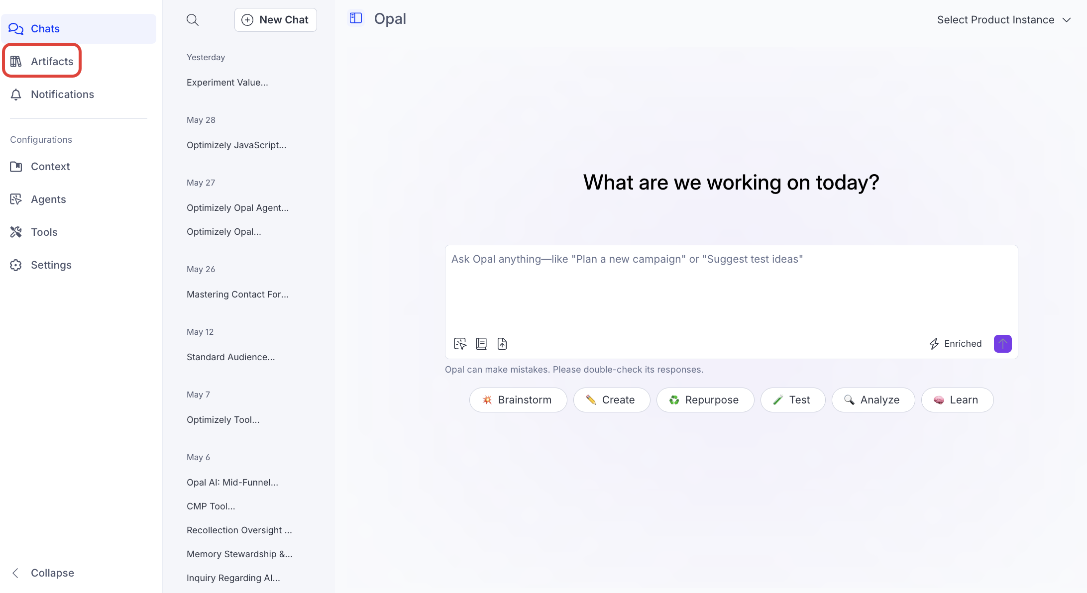 Screenshot of Opal with the Artifacts page highlighted in the navigation.