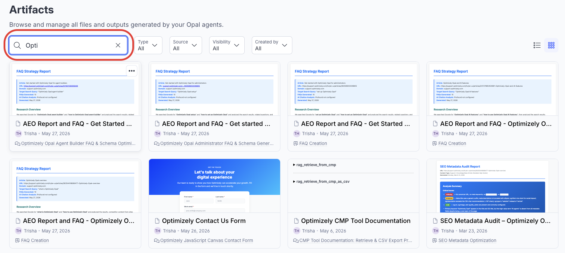 Screenshot of the Artifacts page search field where a user types to filter the results list by artifact file name.