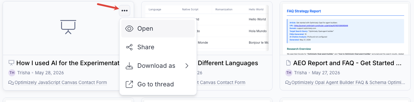 Screenshot of the Artifacts page in grid view with the more actions menu open.