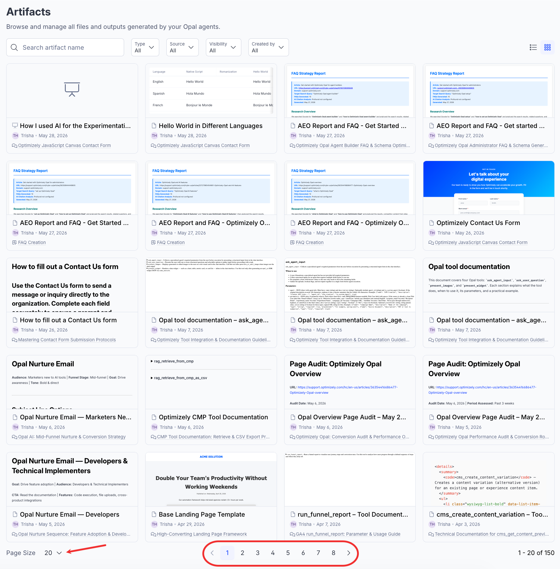 Artifacts page with the pagination highlighted.