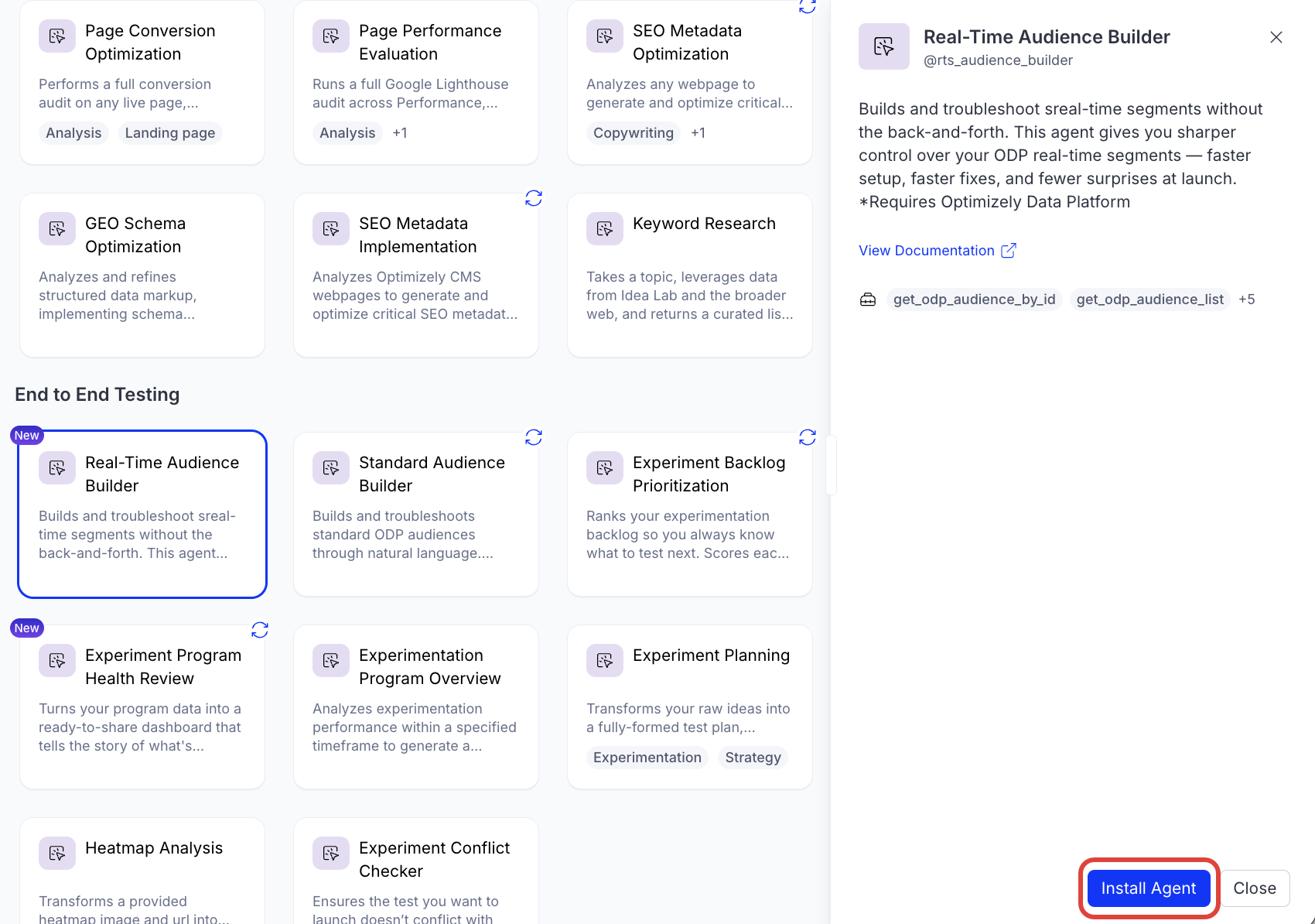 Screenshot of the Agent Directory with the Real-Time Audience Builder agent selected and install agent highlighted.