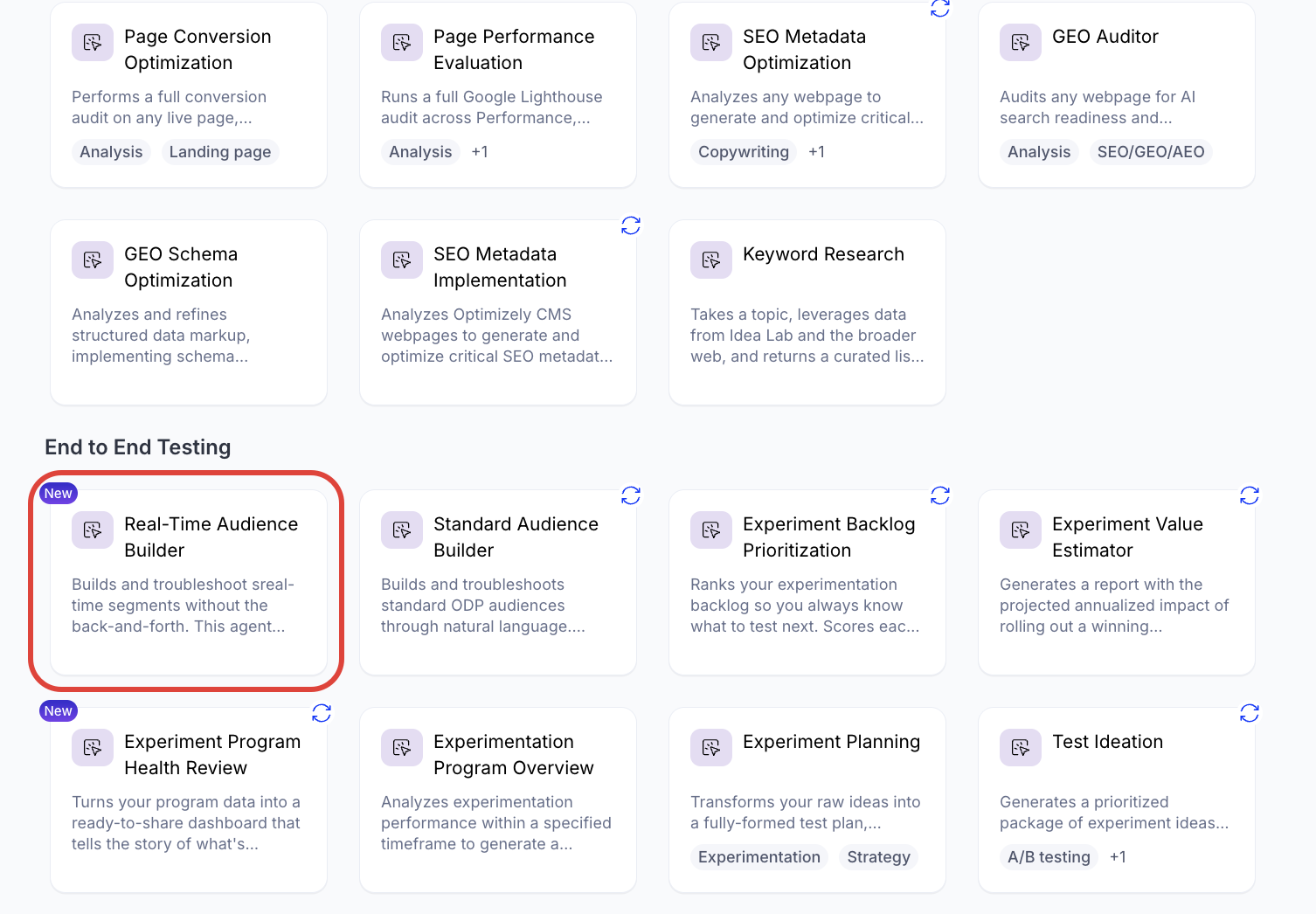Screenshot of the Agent Directory with the Real-Time Audience Builder agent highlighted.