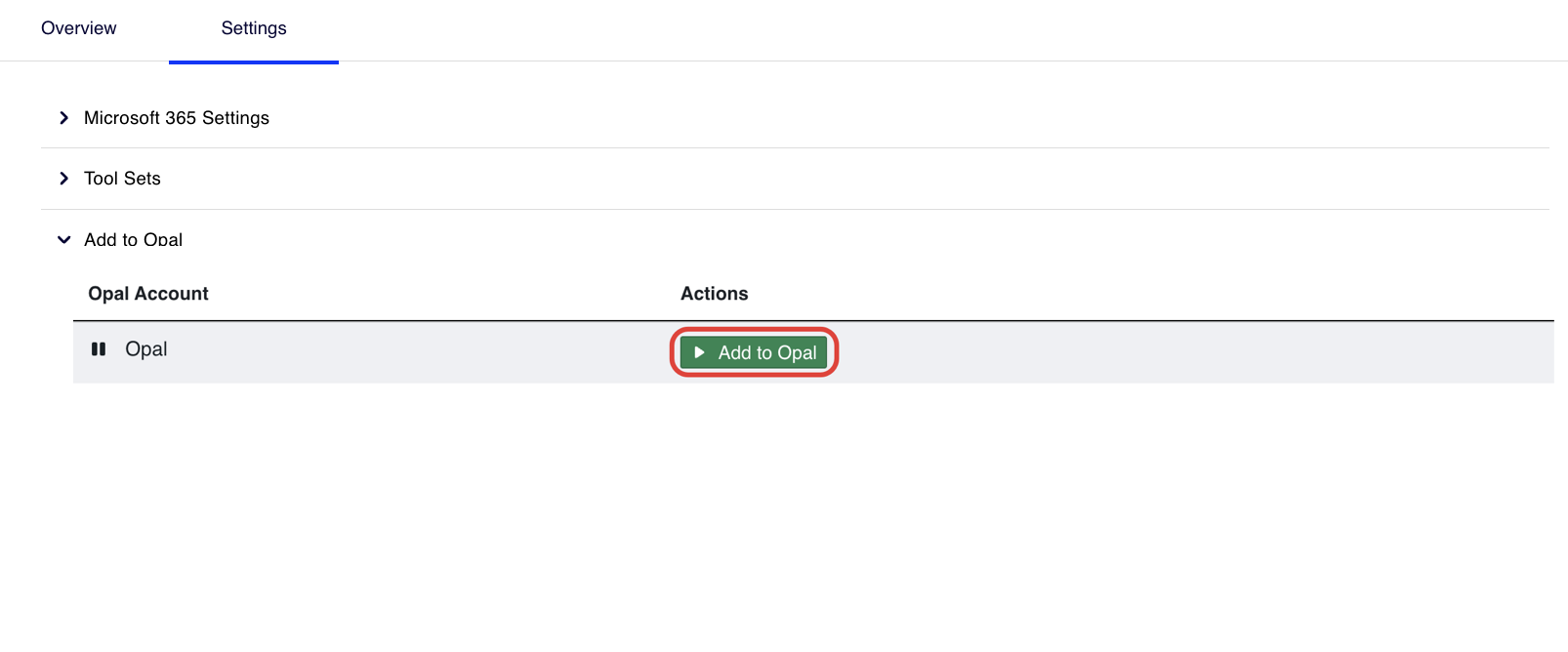 Screenshot of the Add to Opal section in OCP with Add to Opal highlighted.